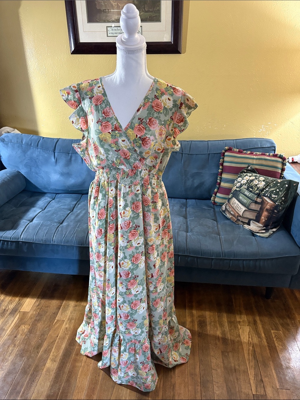 Mint Floral Ruffled Maxi Dress with Pink Roses